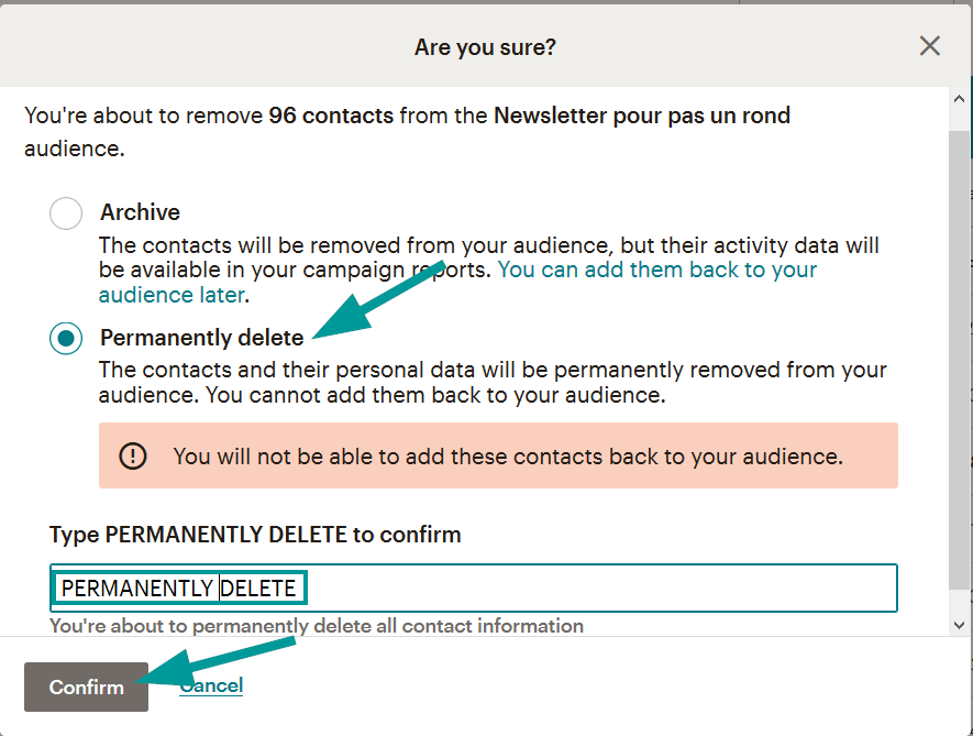 Mailchimp : Nettoie tes inactifs 47 confirmation suppression